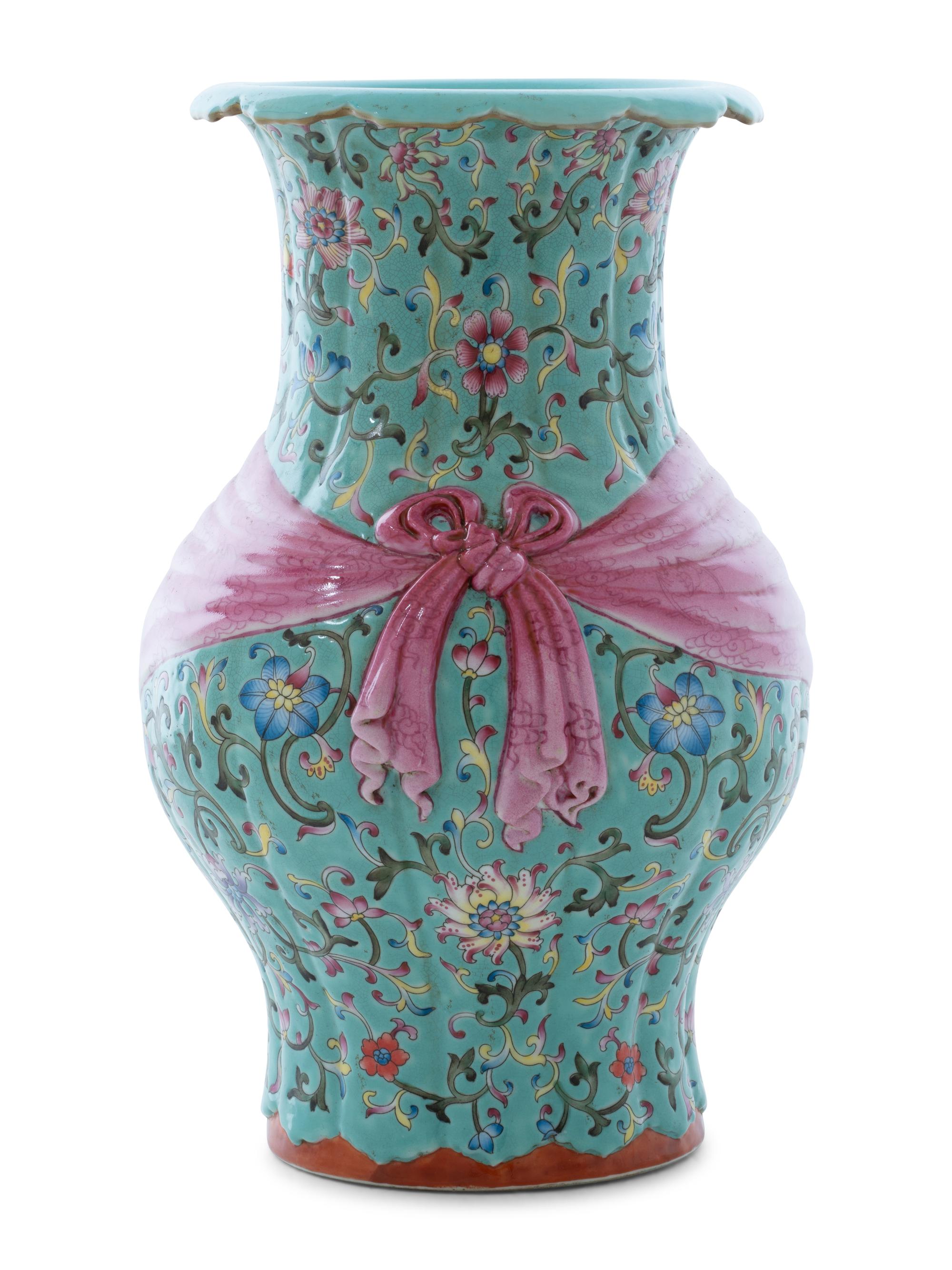 A Chinese Famille Rose Turquoise Ground Pink 'Ribbon' Vase