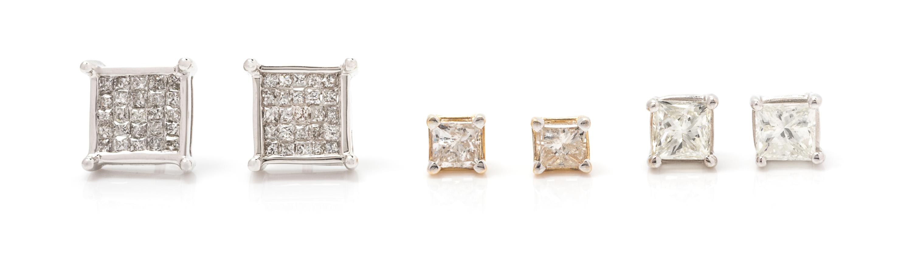 A Collection of 14 Karat White Gold and Diamond Stud Earrings, 2.50 dwts.