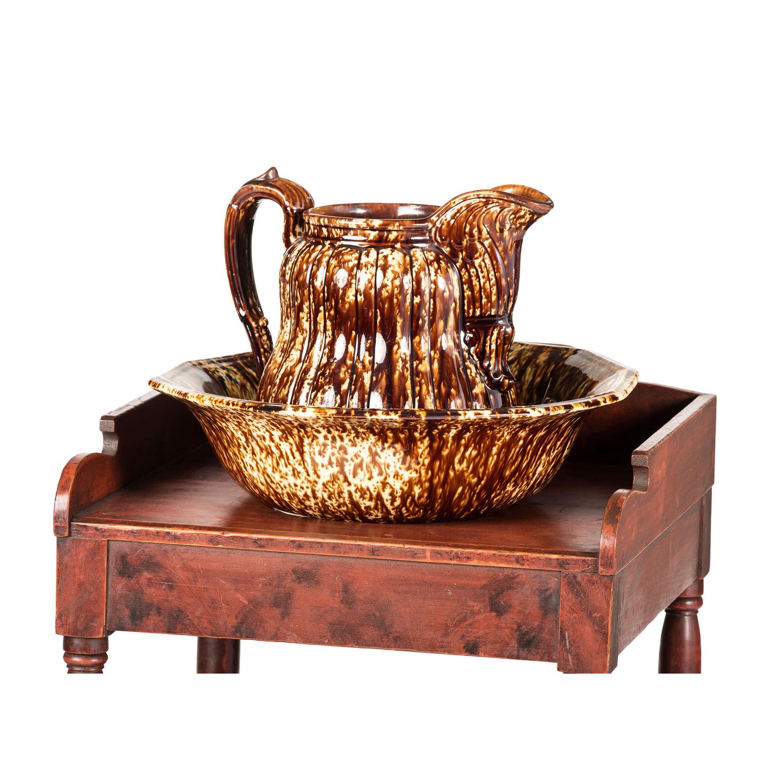 A Painted Wood Wash Stand with a Flint Enamel Water Pitcher and Wash Basin