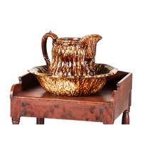 A Painted Wood Wash Stand with a Flint Enamel Water Pitcher and Wash Basin