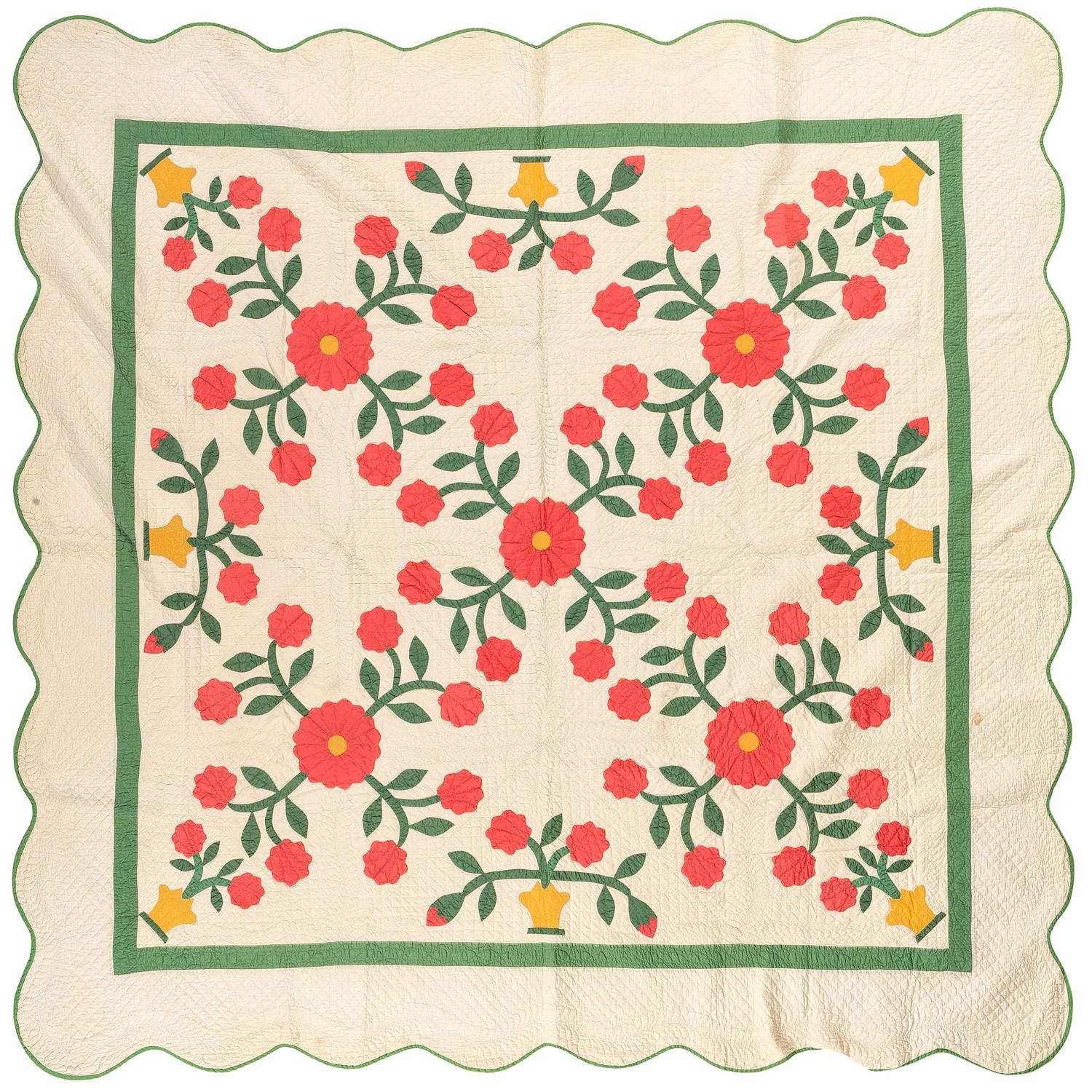 A Basket of Flowers Pattern Quilt with a Scalloped Edge