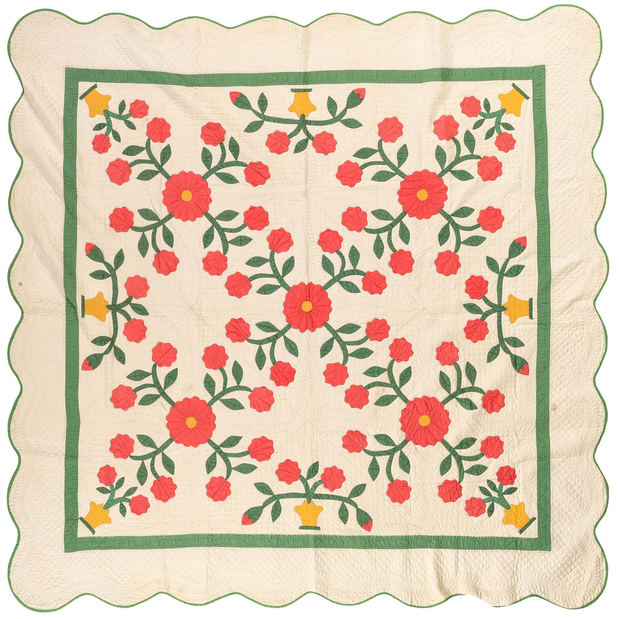 A Basket of Flowers Pattern Quilt with a Scalloped Edge