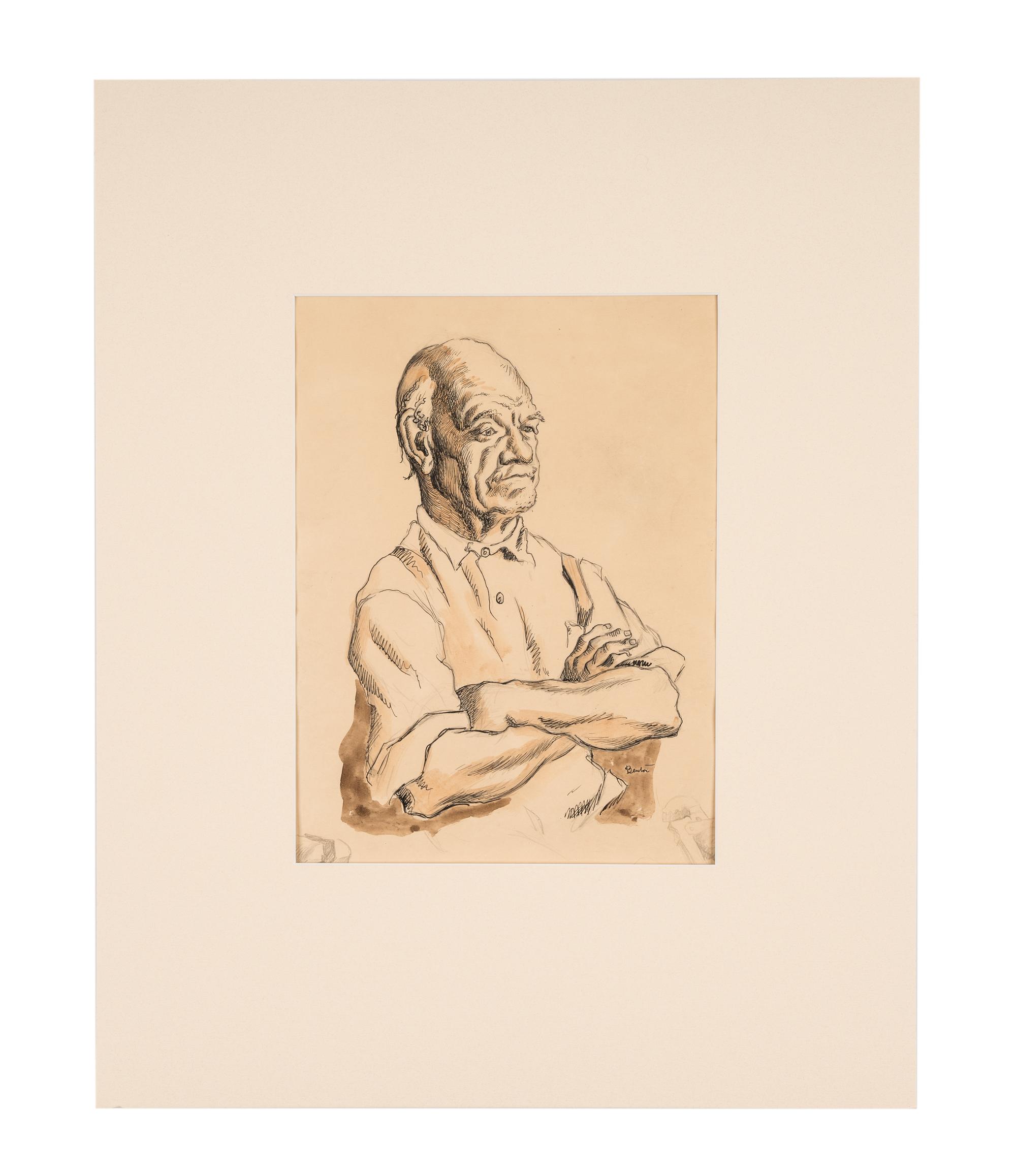 Man with Crossed Arms, with sketches of a vise-grip and a vise in the margins