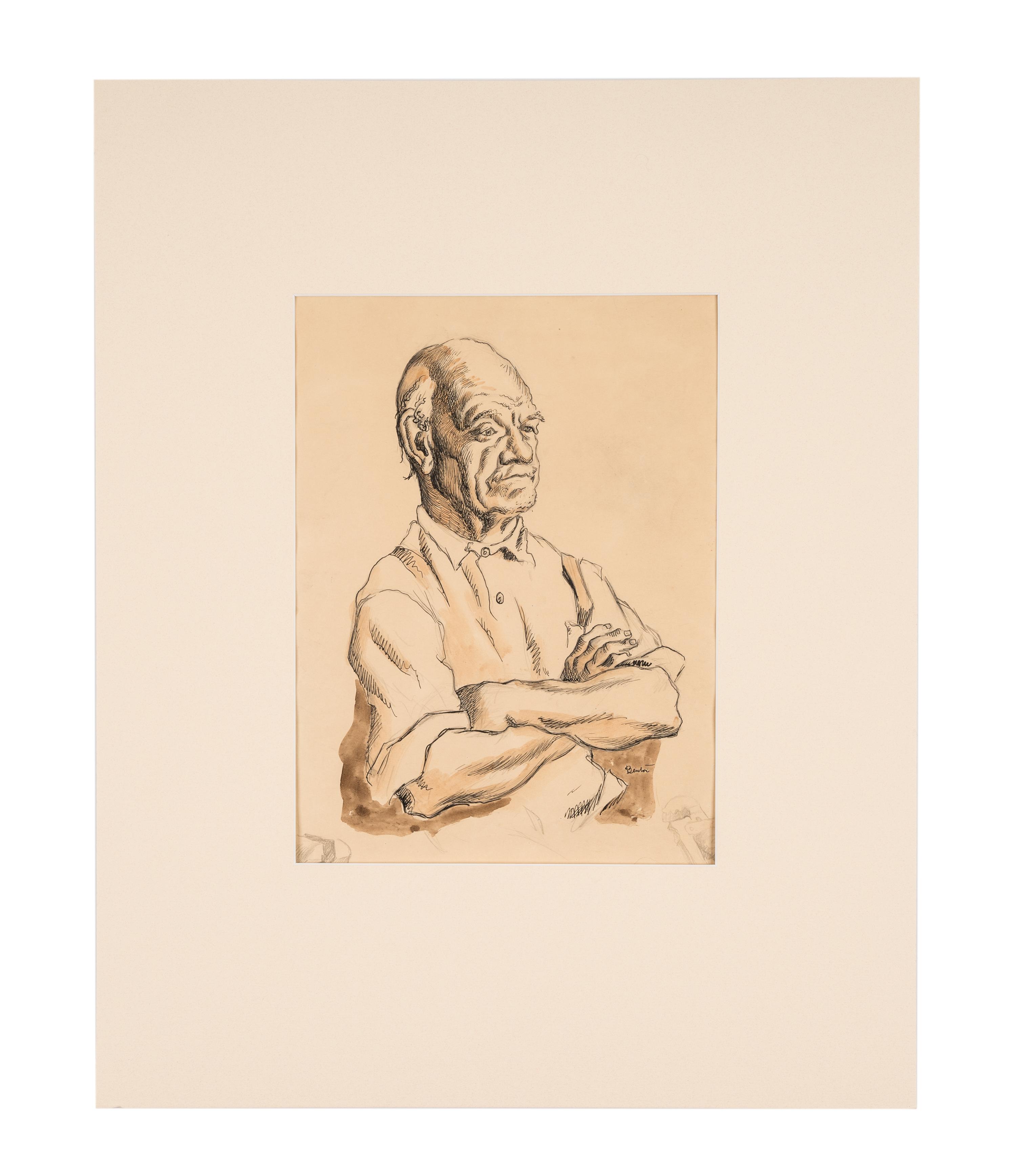 Man with Crossed Arms, with sketches of a vise-grip and a vise in the margins