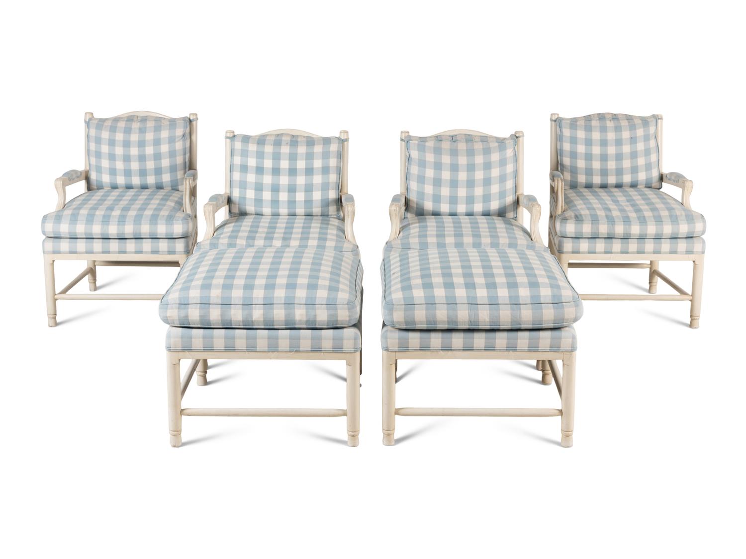 A Set of Four White Painted Patio Chairs and Ottomans