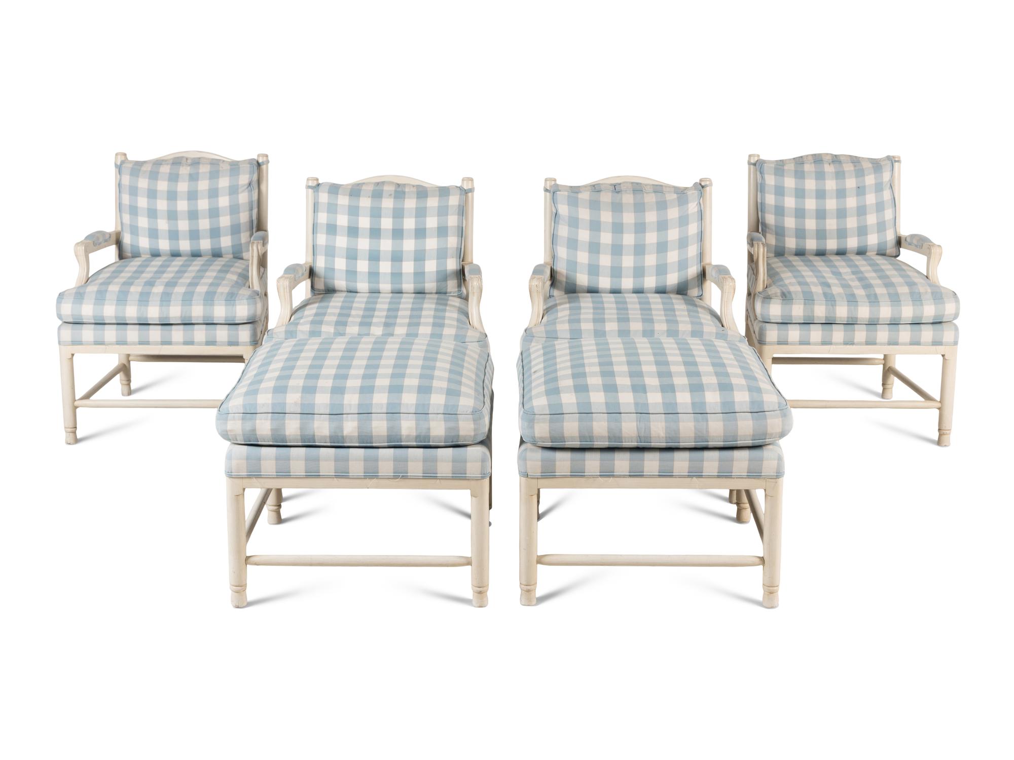 A Set of Four White Painted Patio Chairs and Ottomans