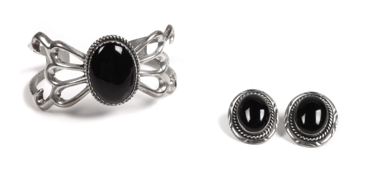Southwestern Silver and Onyx Jewelry Cuff Bracelet and Earrings Length of bracelet 5 3/4 x opening 1 x width 1 1/18 inches