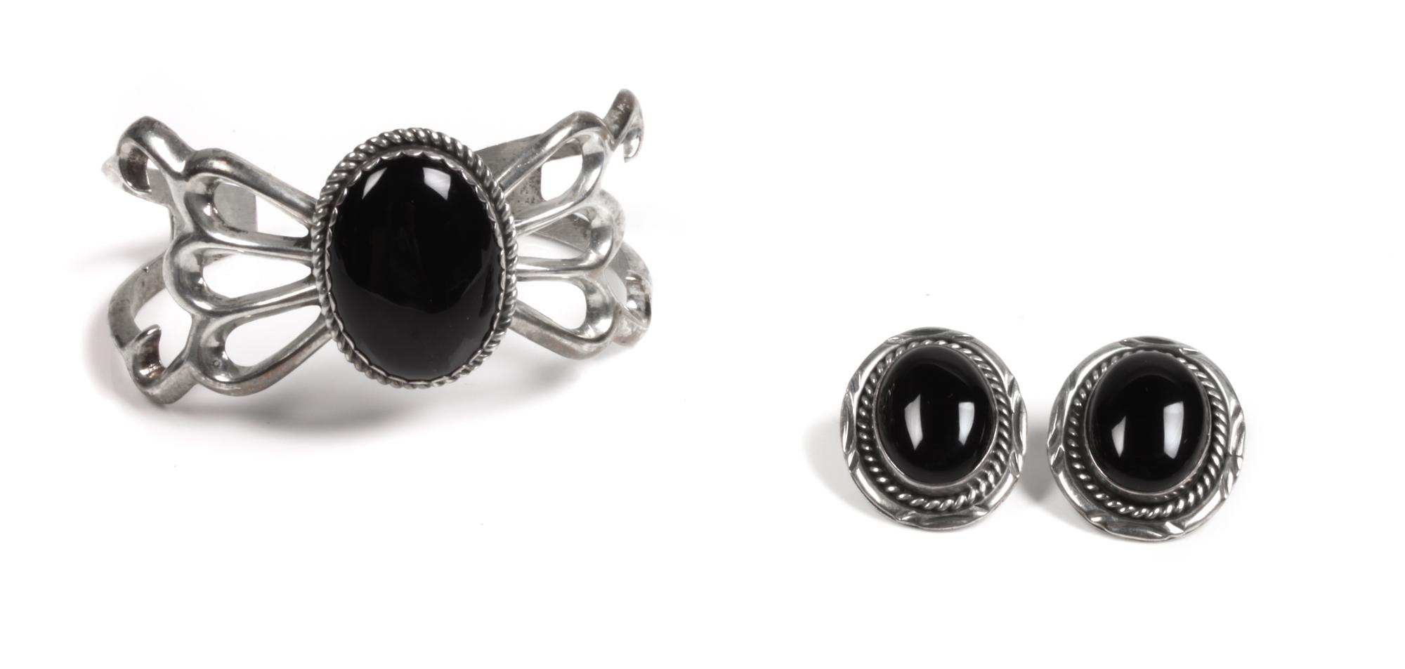 Southwestern Silver and Onyx Jewelry Cuff Bracelet and Earrings Length of bracelet 5 3/4 x opening 1 x width 1 1/18 inches