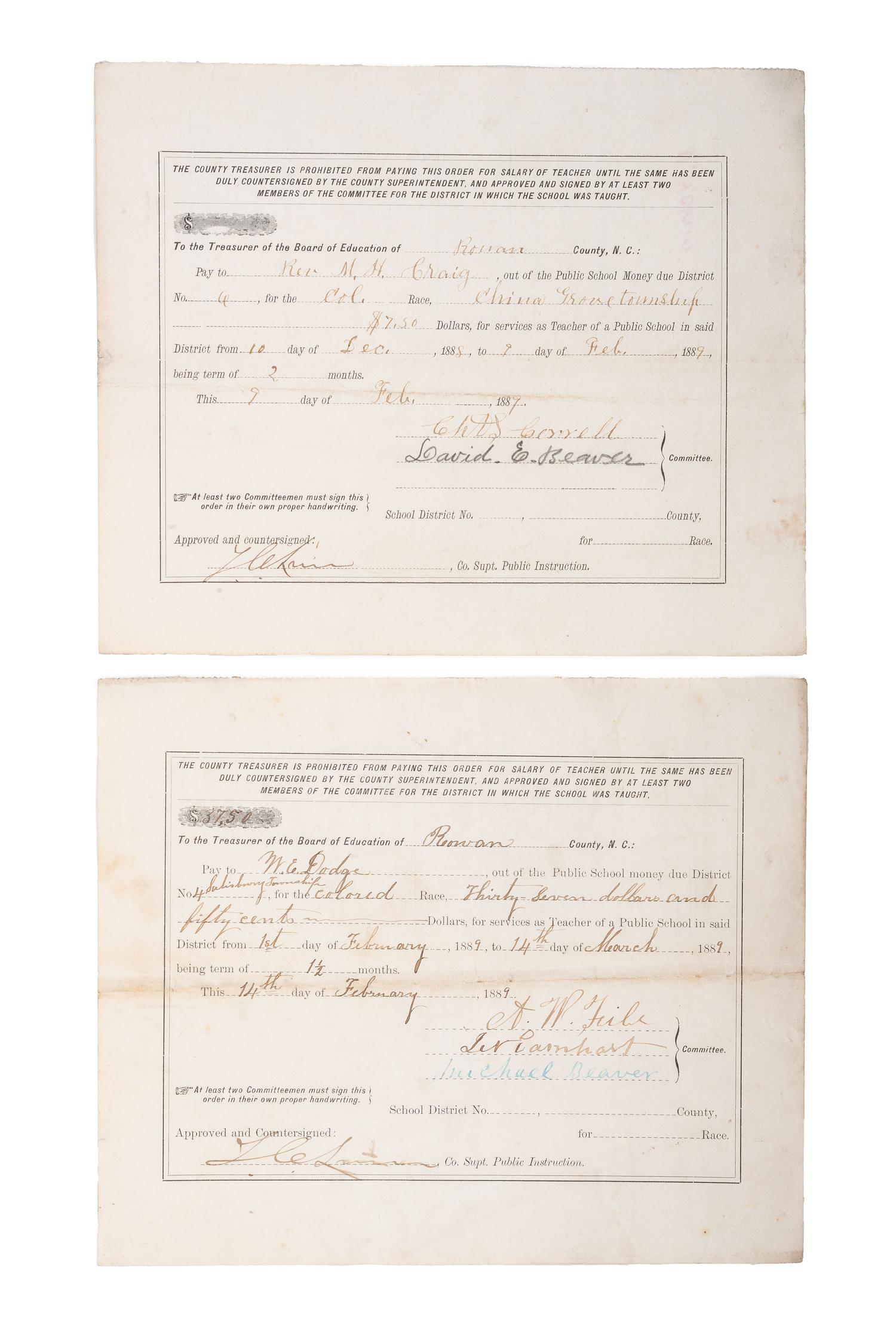 [EDUCATION]. A group of 5 items, incl. Rowan County, North Carolina, teacher's payment vouchers for teaching African American children in 1889 and photographs.