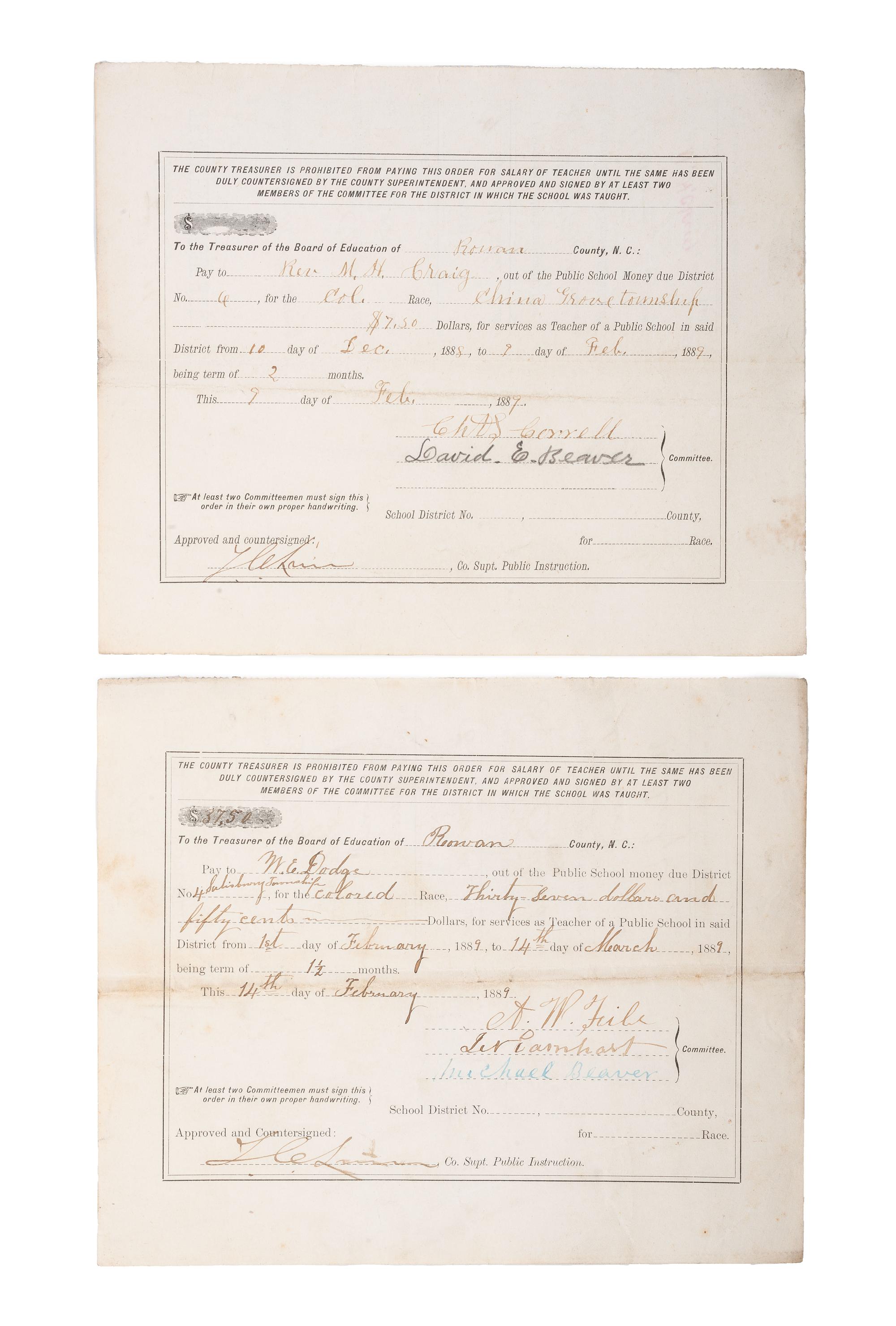 [EDUCATION]. A group of 5 items, incl. Rowan County, North Carolina, teacher's payment vouchers for teaching African American children in 1889 and photographs.