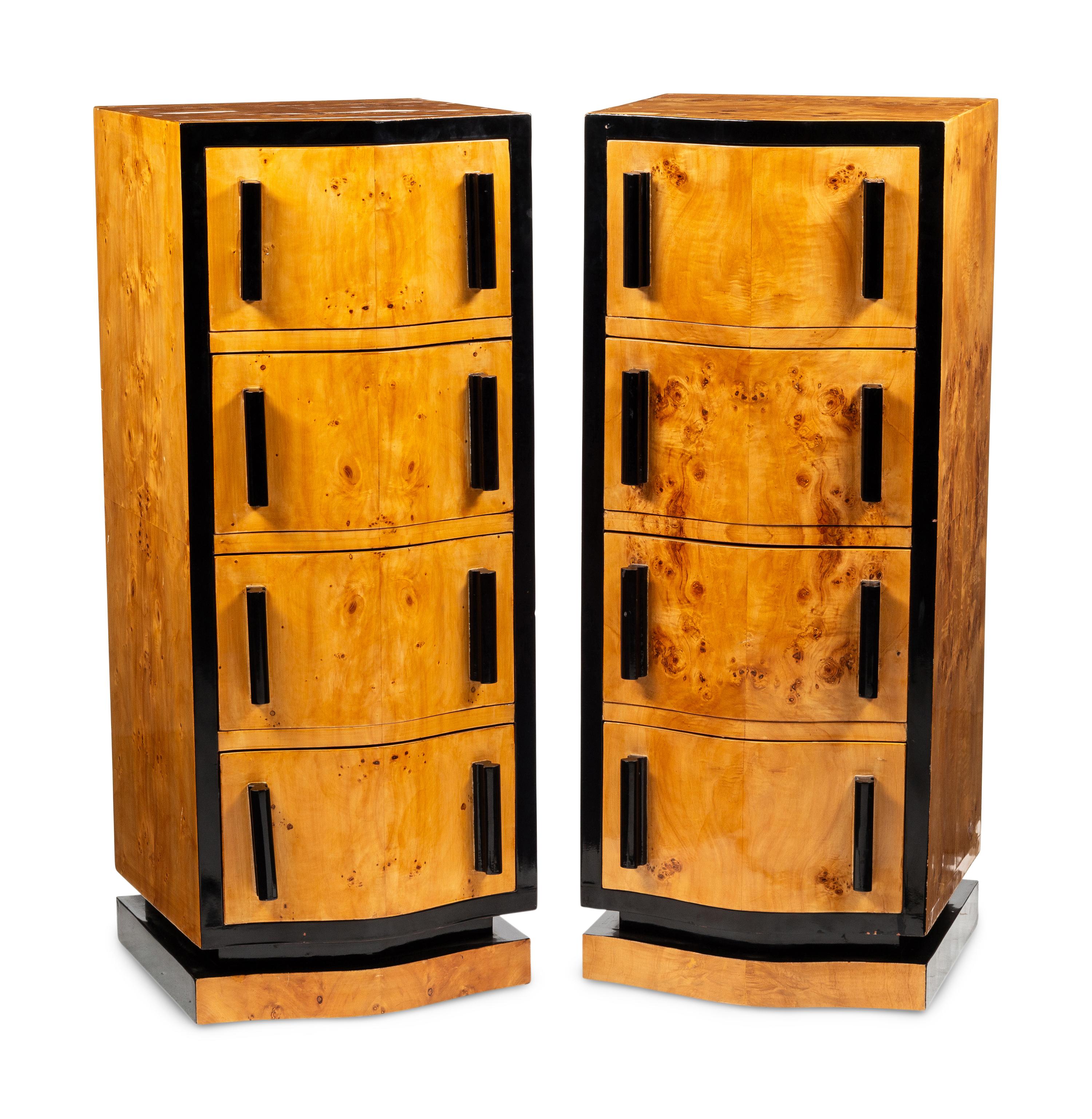 A Pair of Art Deco Style Burlwood and Part Ebonized Tall Chests