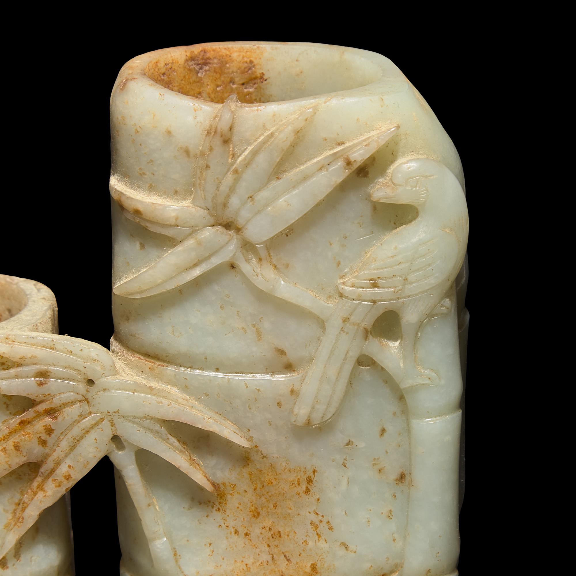 A Chinese Mottled Celadon and Russet Jade 'Double-Bamboo' Vase 青玉仿竹雙聯瓶