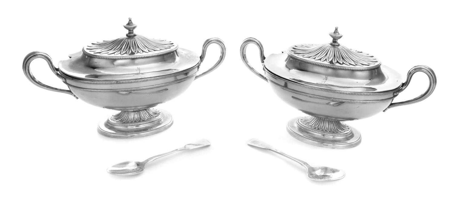 A Pair of English Silver-Plate Sauce Tureens, 19th Century, each removable cover with an urn form finial, a crown of leaves and an engr