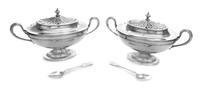 A Pair of English Silver-Plate Sauce Tureens, 19th Century, each removable cover with an urn form finial, a crown of leaves and an engr