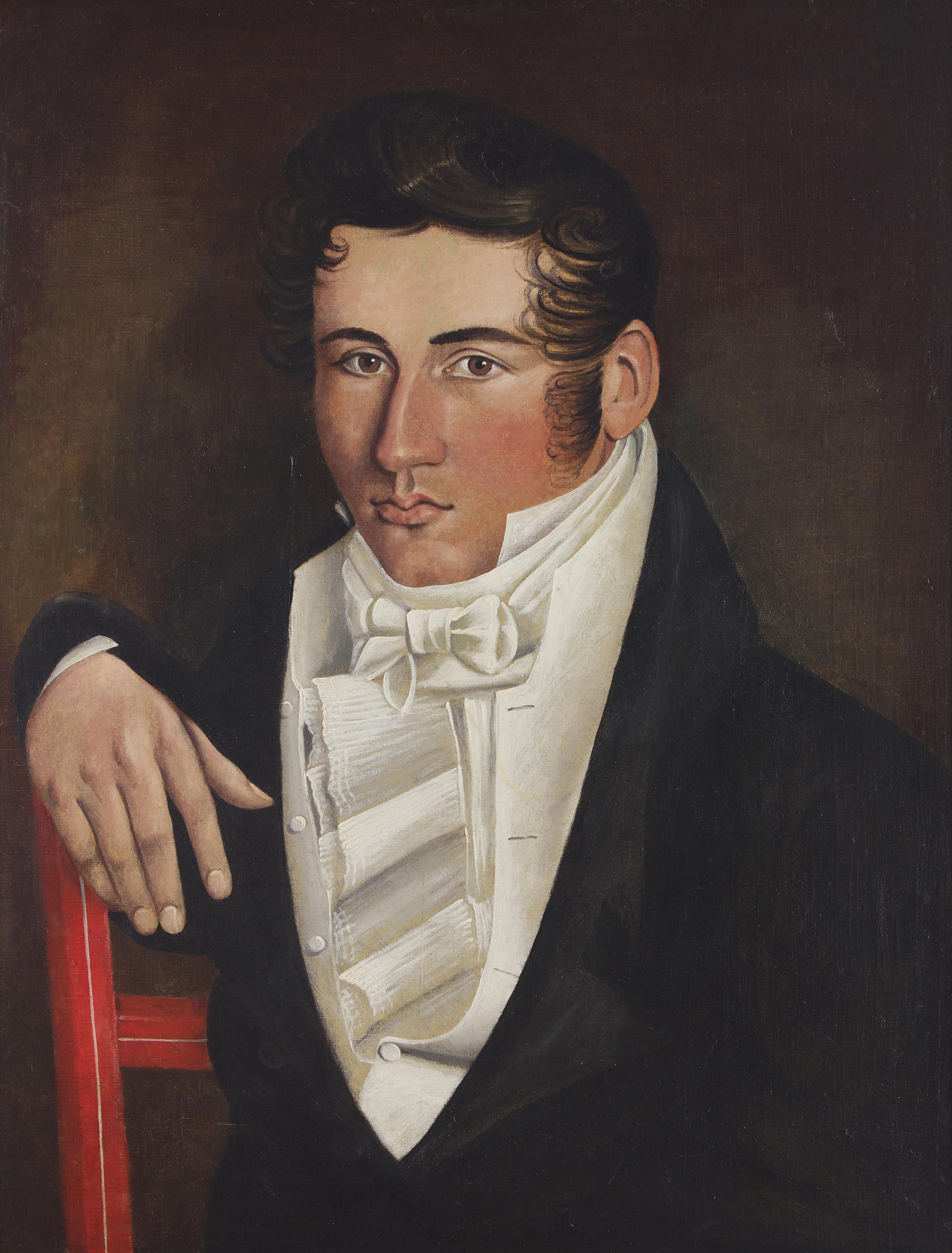 American School 19th Century, Portrait Of A Young Man In A Red-Painted Chair