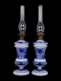 A Pair of Persian Market Opaline Glass Oil Lamps