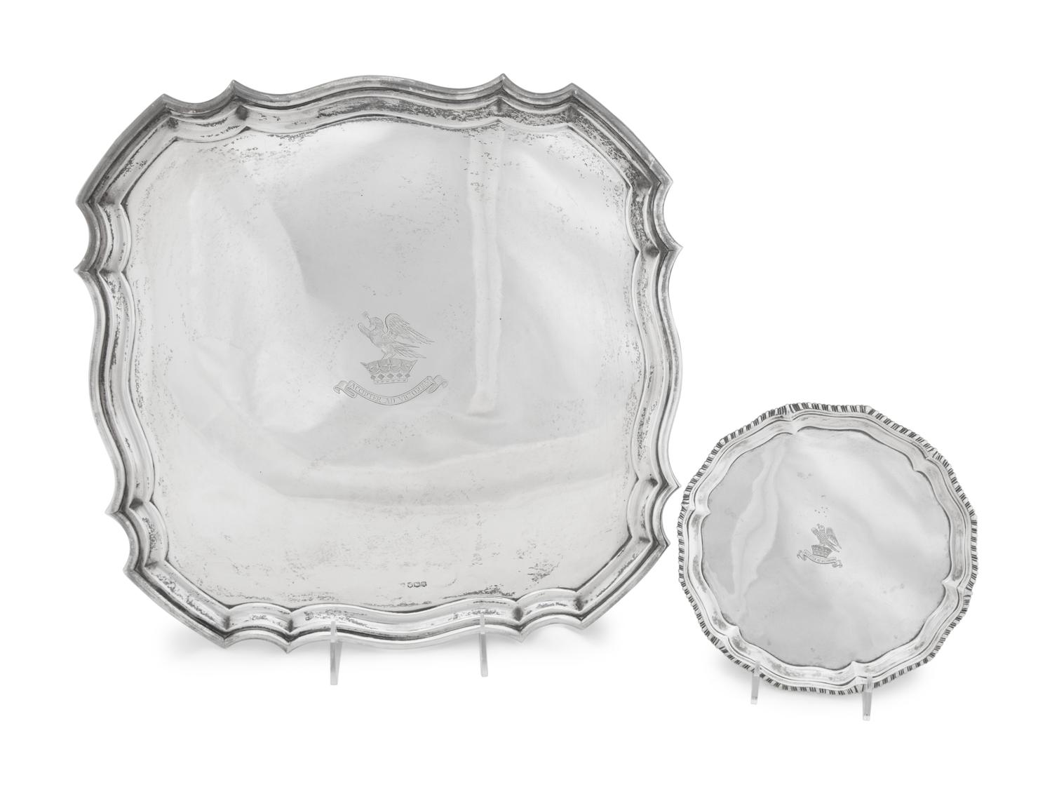 Two English Silver Footed Trays with Armorial Decoration