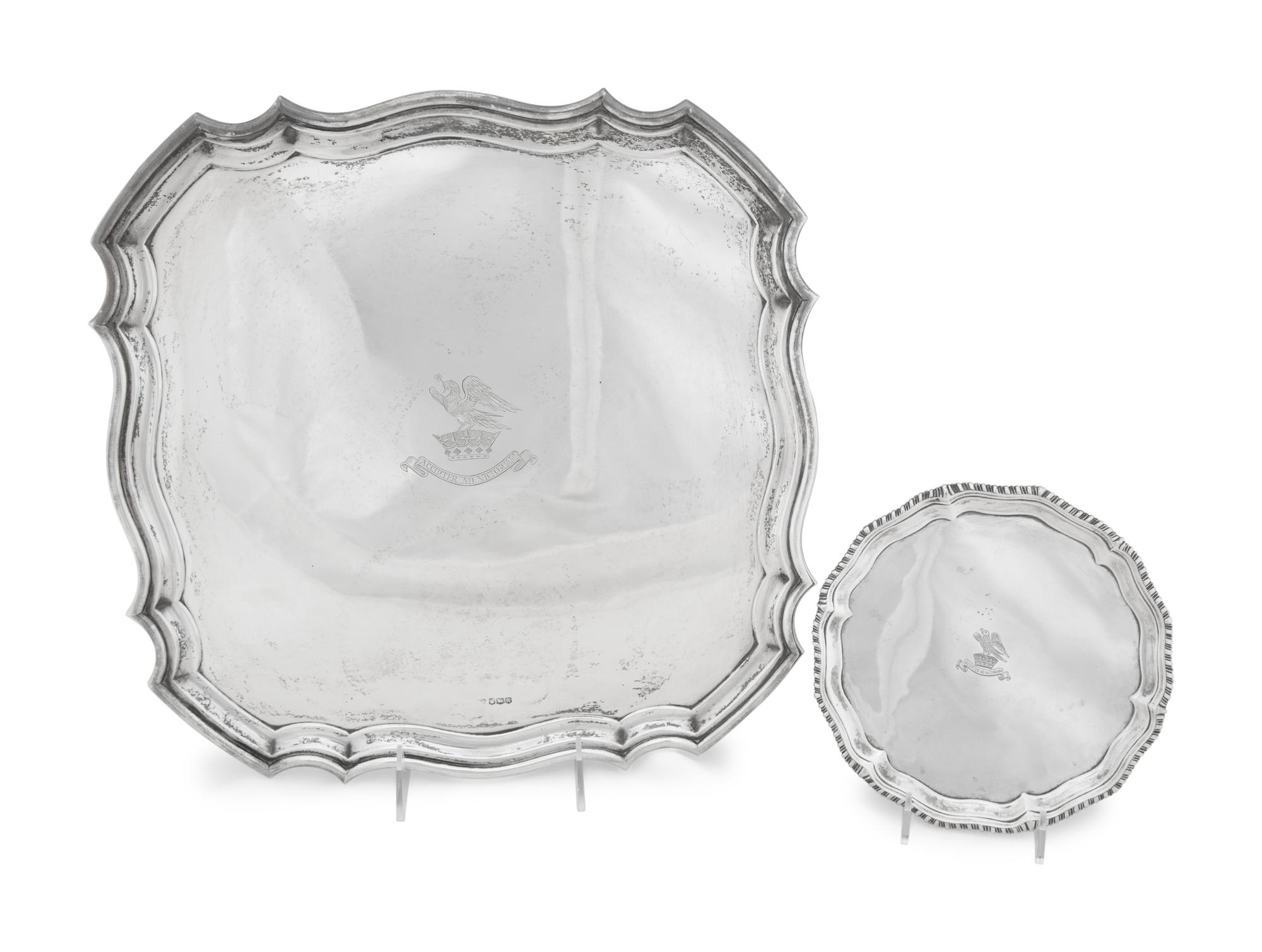 Two English Silver Footed Trays with Armorial Decoration