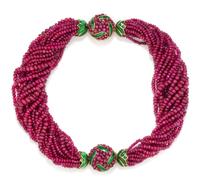 A Pair of 18 Karat Yellow Gold, Enamel and Ruby Bead Convertible Bracelets/Necklace, Verdura, 114.20 dwts.
