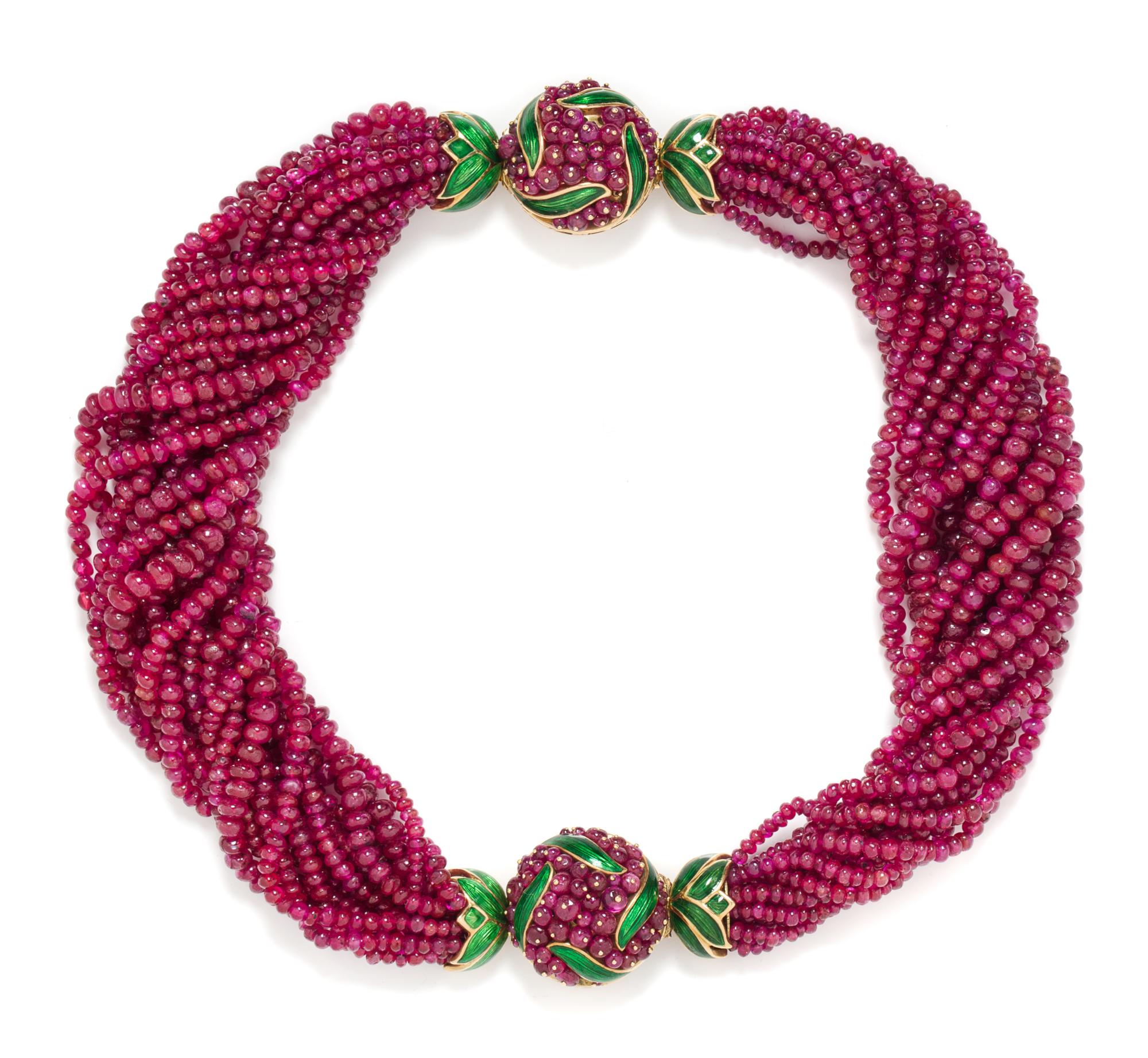 A Pair of 18 Karat Yellow Gold, Enamel and Ruby Bead Convertible Bracelets/Necklace, Verdura, 114.20 dwts.