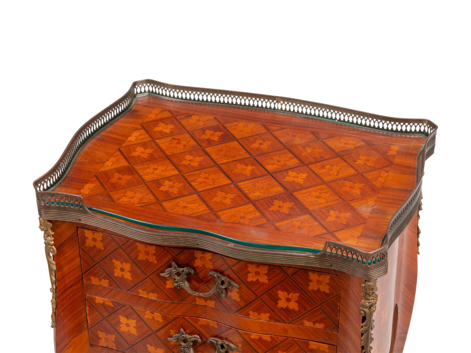 A Pair of Louis XV/XVI Transitional Style Marquetry Tables en Chiffonier
