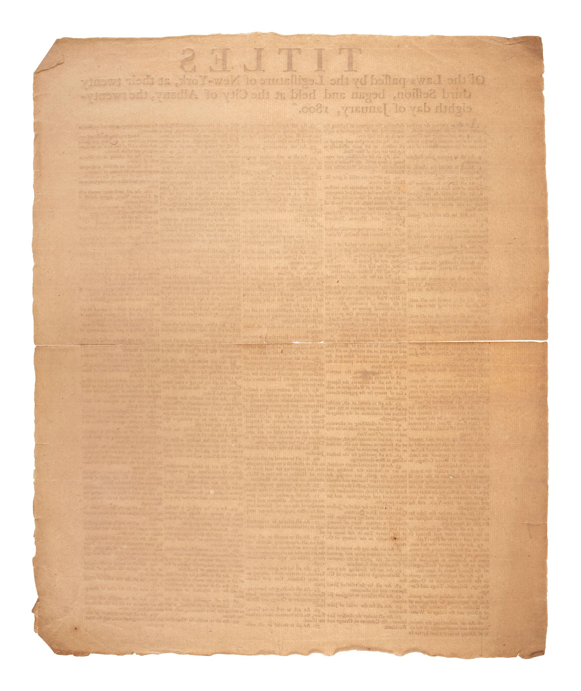 [NEW YORK]. Titles of the Laws passed by the Legislature of New-York, at their twenty third Session, began and held at the City of Albany, the twenty-eighth day of January, 1800. [Albany, NY]: N.p., [1800].