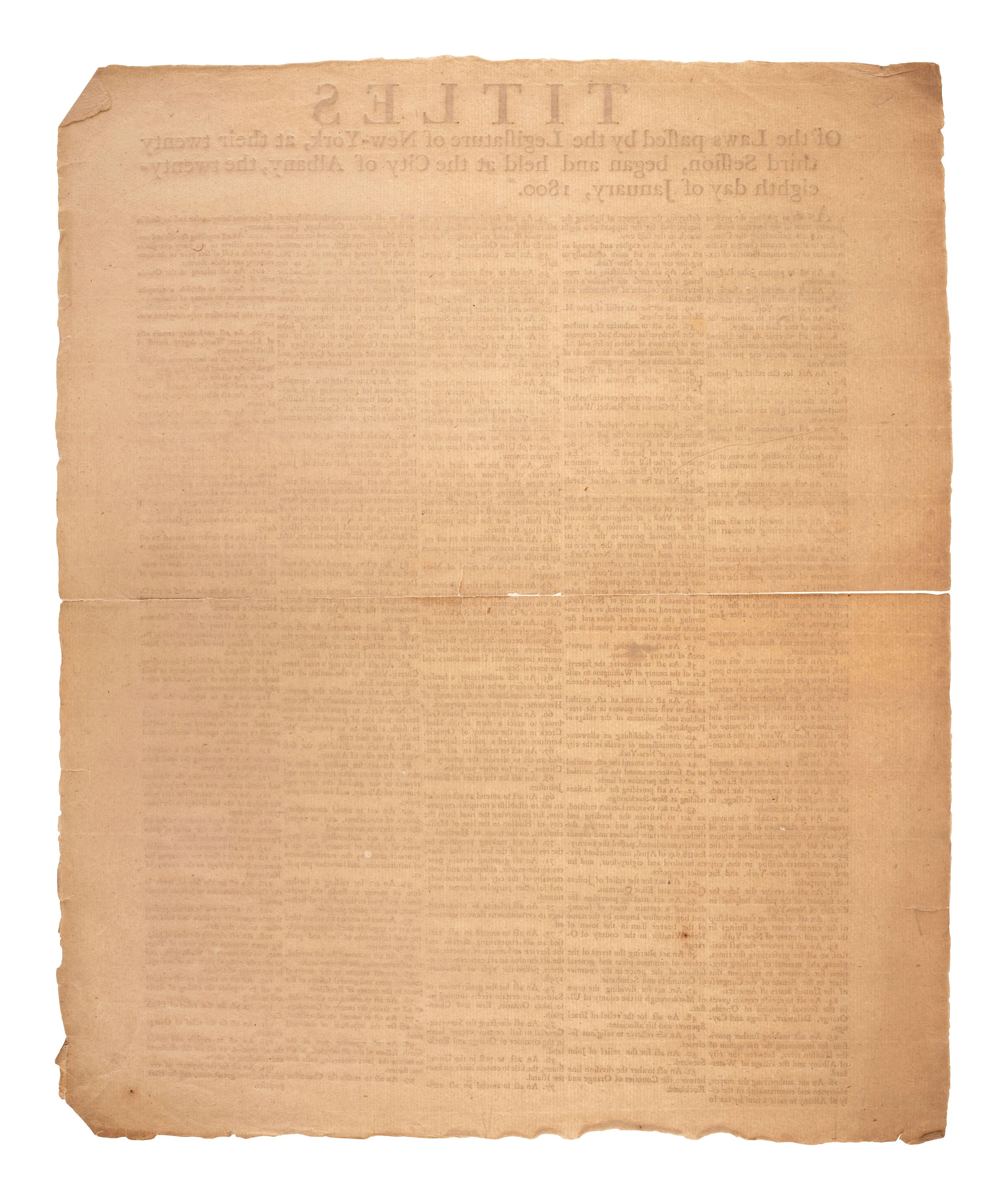 [NEW YORK]. Titles of the Laws passed by the Legislature of New-York, at their twenty third Session, began and held at the City of Albany, the twenty-eighth day of January, 1800. [Albany, NY]: N.p., [1800].