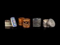 Four Chinese Covered Boxes and A Silvered Metal Mounted Bamboo Opium Pipe