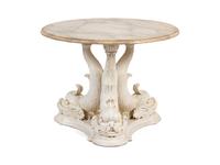 A Carved and White Painted Circular Dolphin Base Table — 20TH CENTURY
