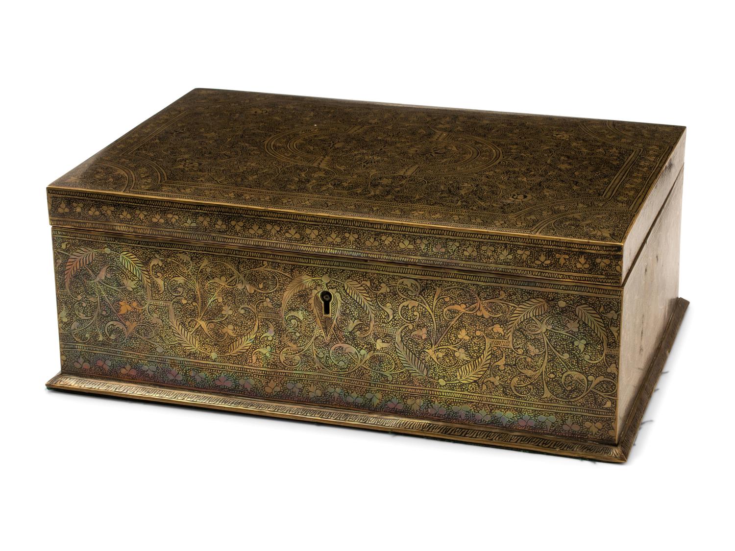 An Anglo-Colonial Style Engraved and Enameled Metal Table Casket