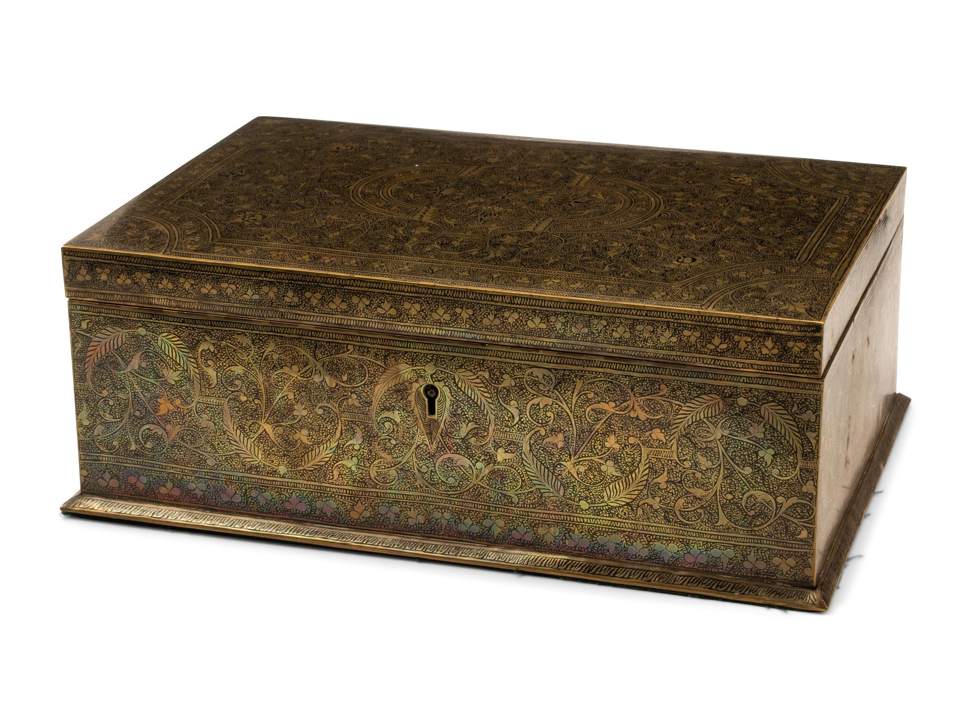 An Anglo-Colonial Style Engraved and Enameled Metal Table Casket