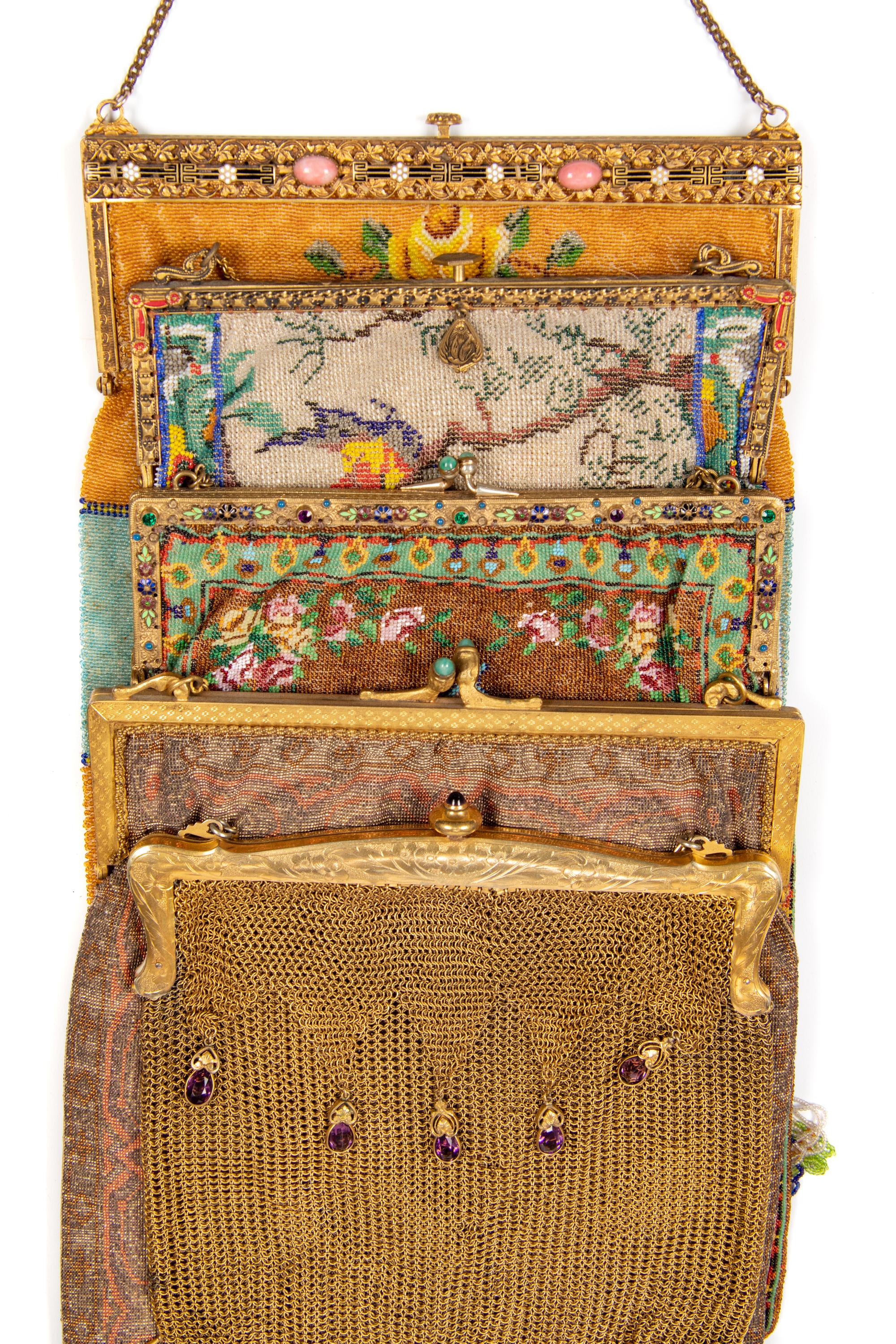 Collection of Eight Accessories; Seven Frame Bags, One Braided Soutache Cloche Hat, 1920s