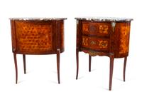 A Pair of Louis XV/XVI Transistional Style Parquetry Inlaid Marble Top Side Cabinets — 20TH CENTURY