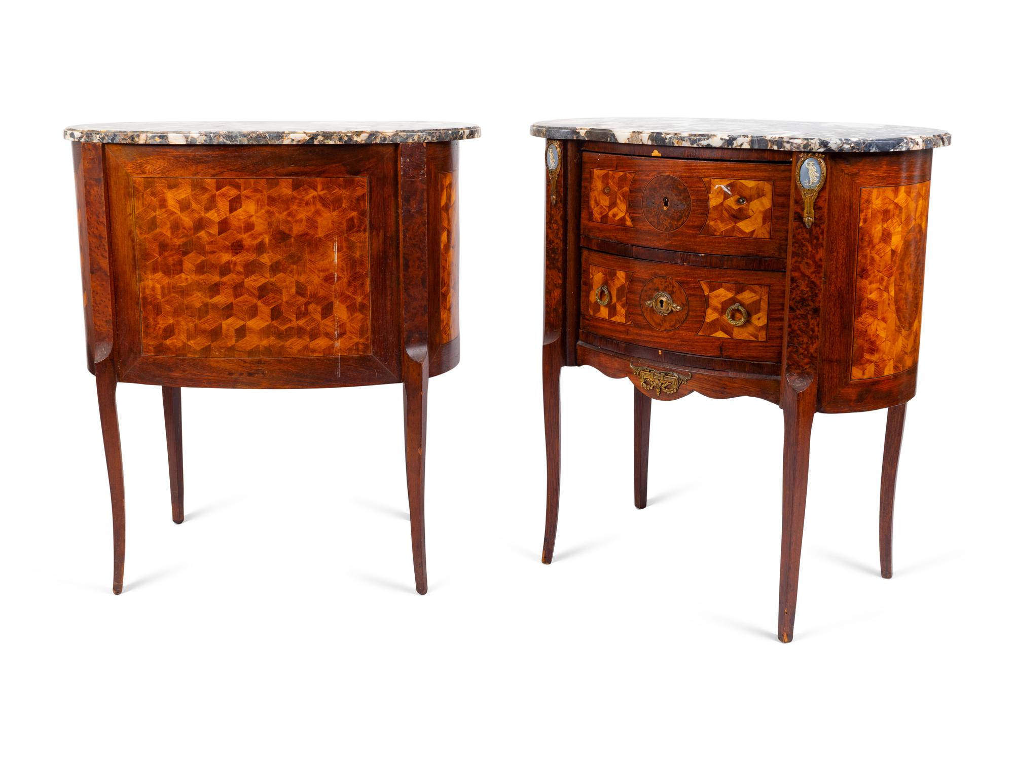 A Pair of Louis XV/XVI Transistional Style Parquetry Inlaid Marble Top Side Cabinets — 20TH CENTURY