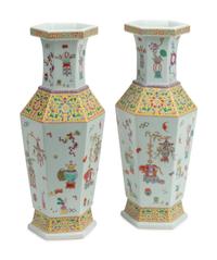 A Pair of Polychrome Porcelain Hexagonal Vases