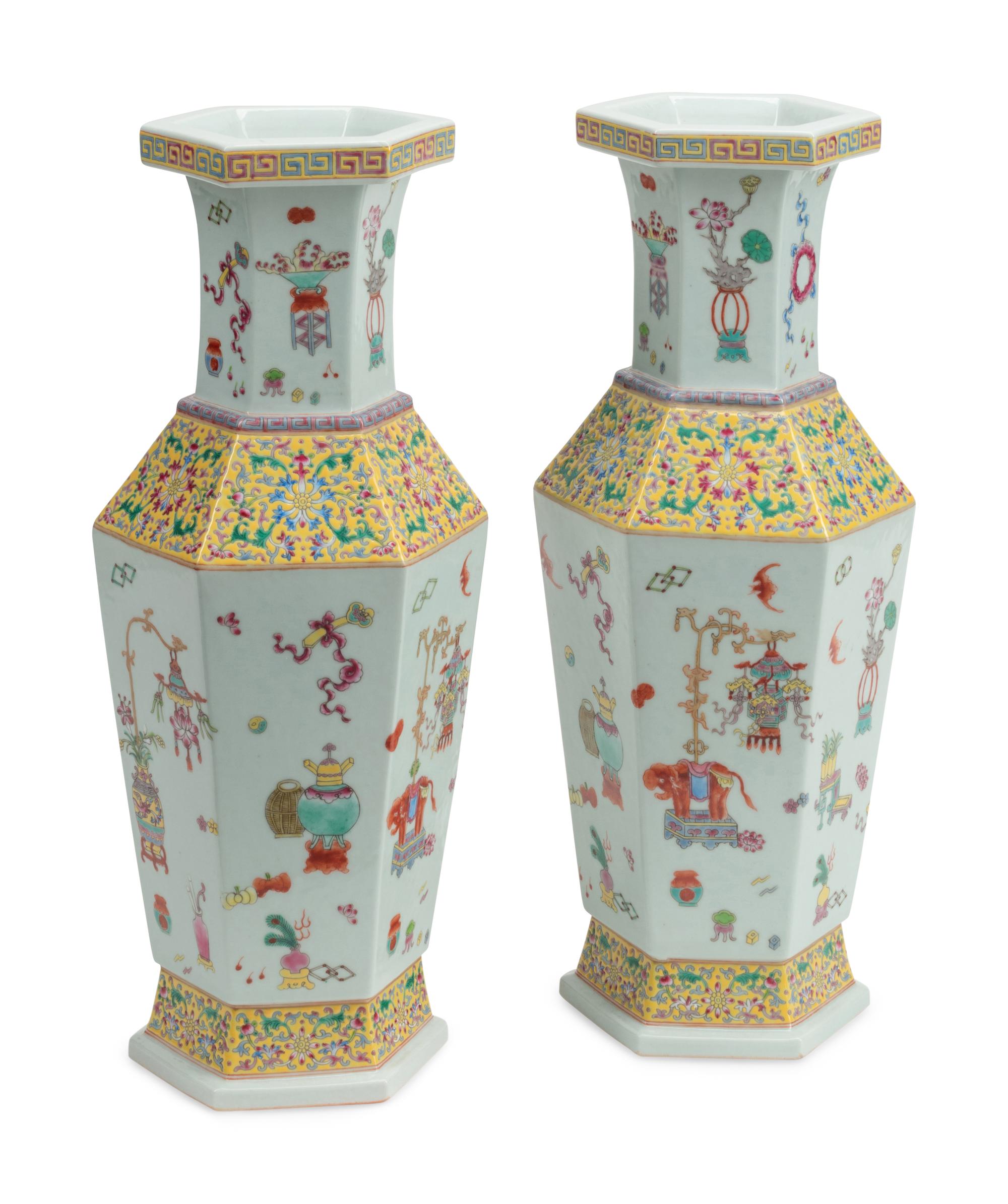 A Pair of Polychrome Porcelain Hexagonal Vases