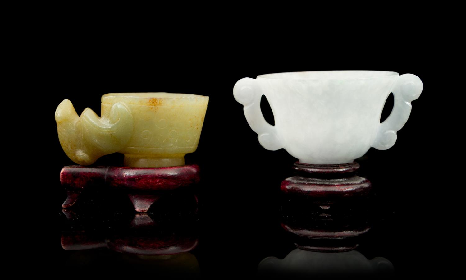 Two Carved Jade Cups Width of first over handles 2 3/4 inches.