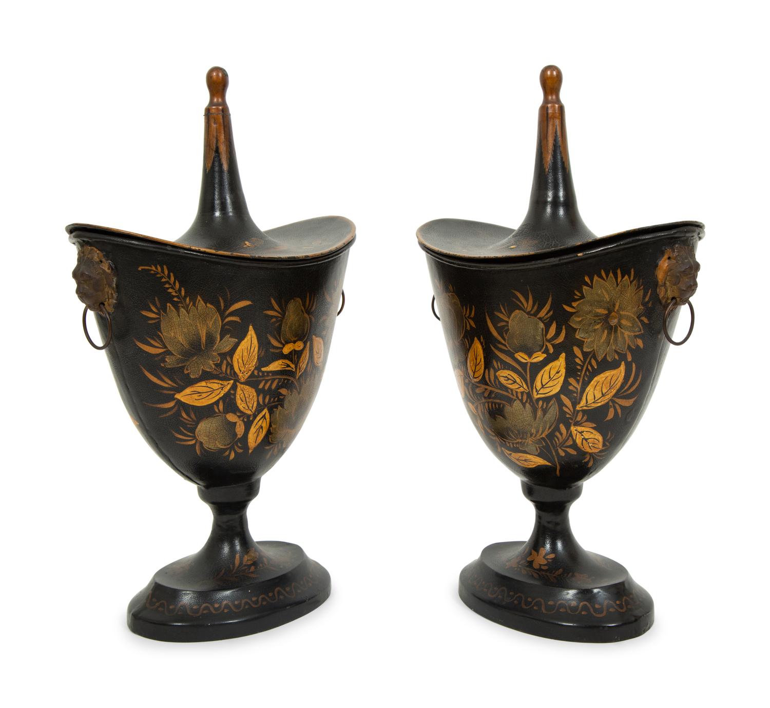 A Pair of Regency Style Black and Gilt Decorated Tole Covered Urns