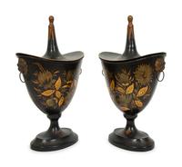 A Pair of Regency Style Black and Gilt Decorated Tole Covered Urns