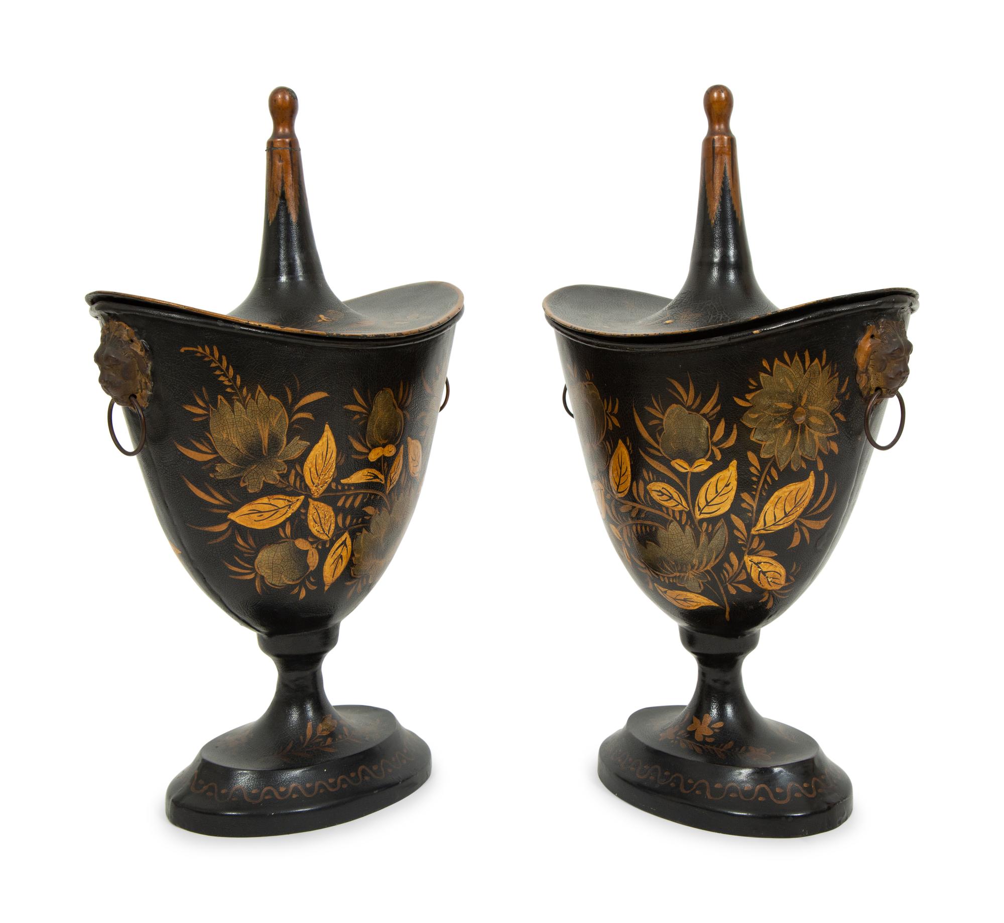 A Pair of Regency Style Black and Gilt Decorated Tole Covered Urns