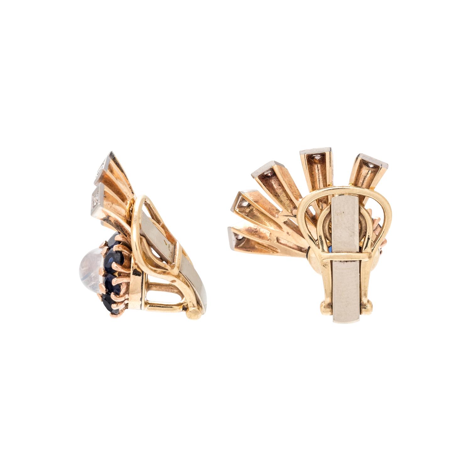 RETRO, YELLOW GOLD, MOONSTONE, SAPPHIRE AND DIAMOND EARCLIPS