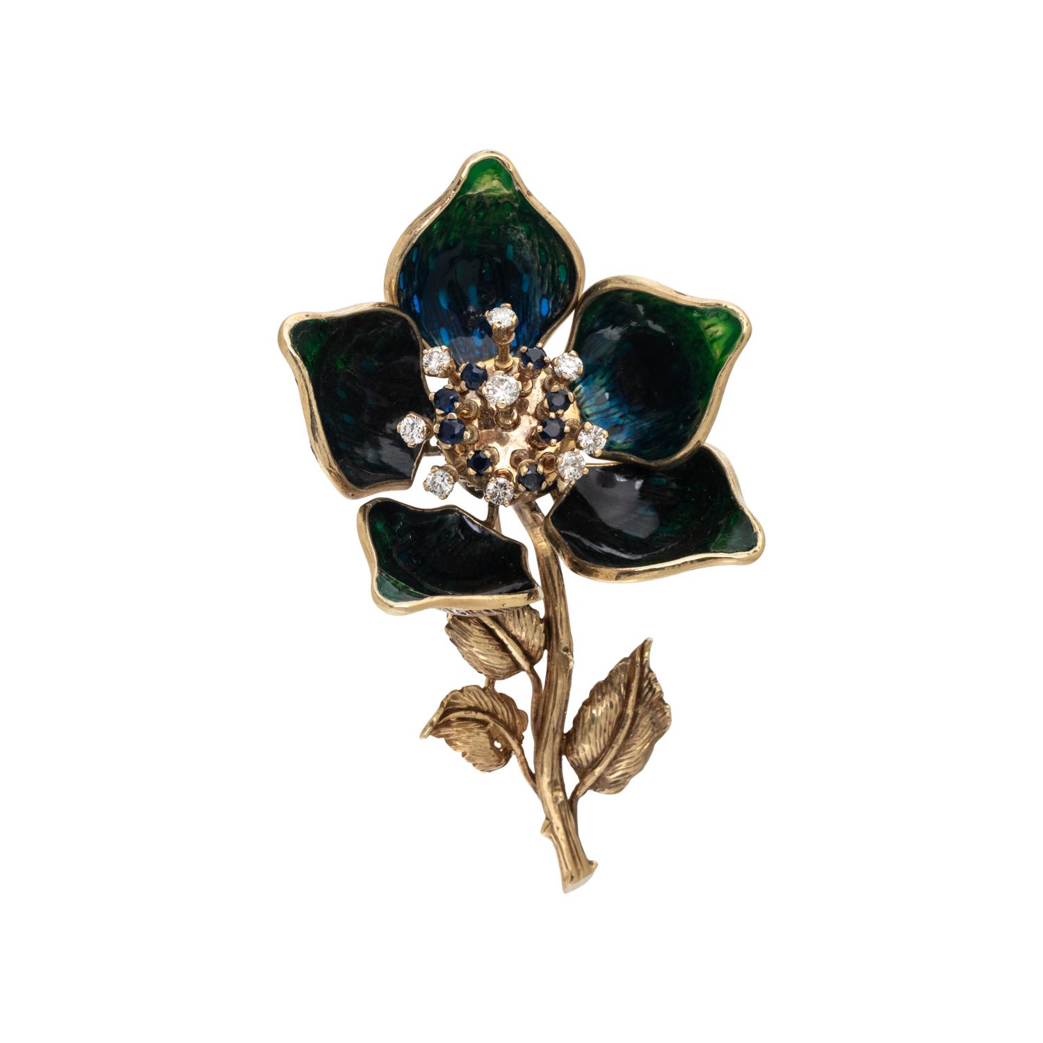 DIAMOND, SAPPHIRE, AND ENAMEL ARTICULATED FLOWER BROOCH