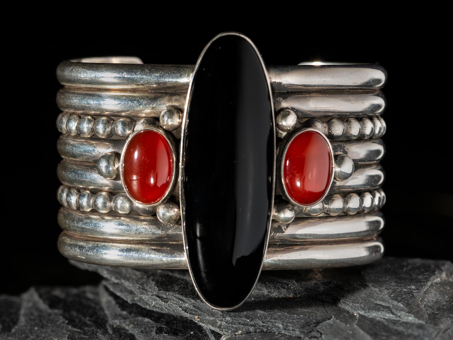 Sterling Silver, Jet, and Agate Cuff Bracelet