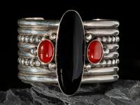 Sterling Silver, Jet, and Agate Cuff Bracelet
