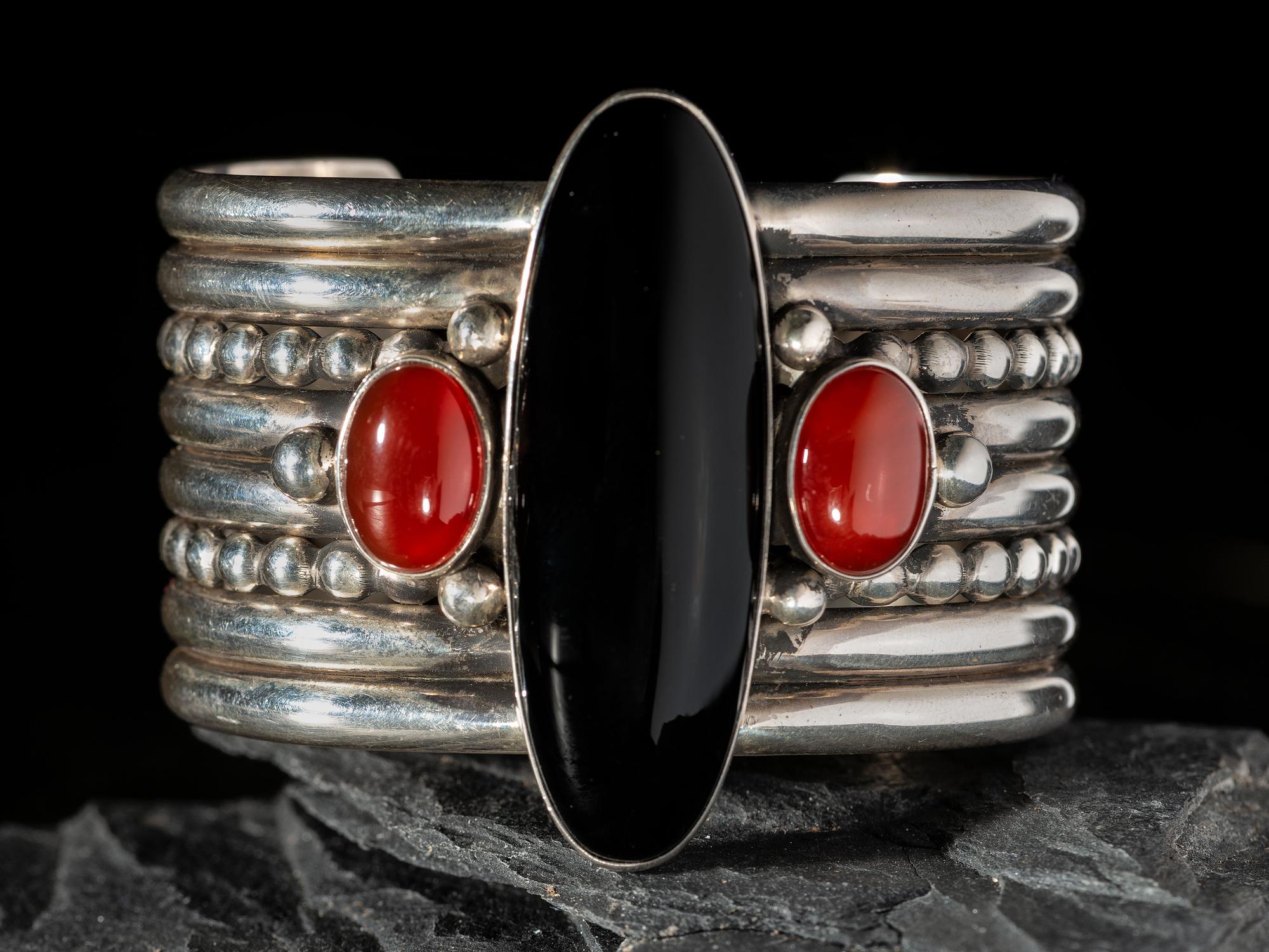 Sterling Silver, Jet, and Agate Cuff Bracelet