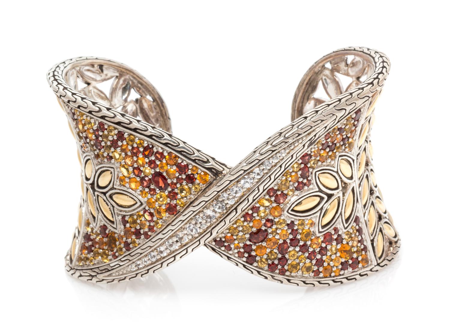 A Sterling Silver, 18 Karat Yellow Gold, Citrine, Garnet and White Sapphire 'Batu Kawung' Cuff Bracelet, John Hardy, 53.90 dwts.