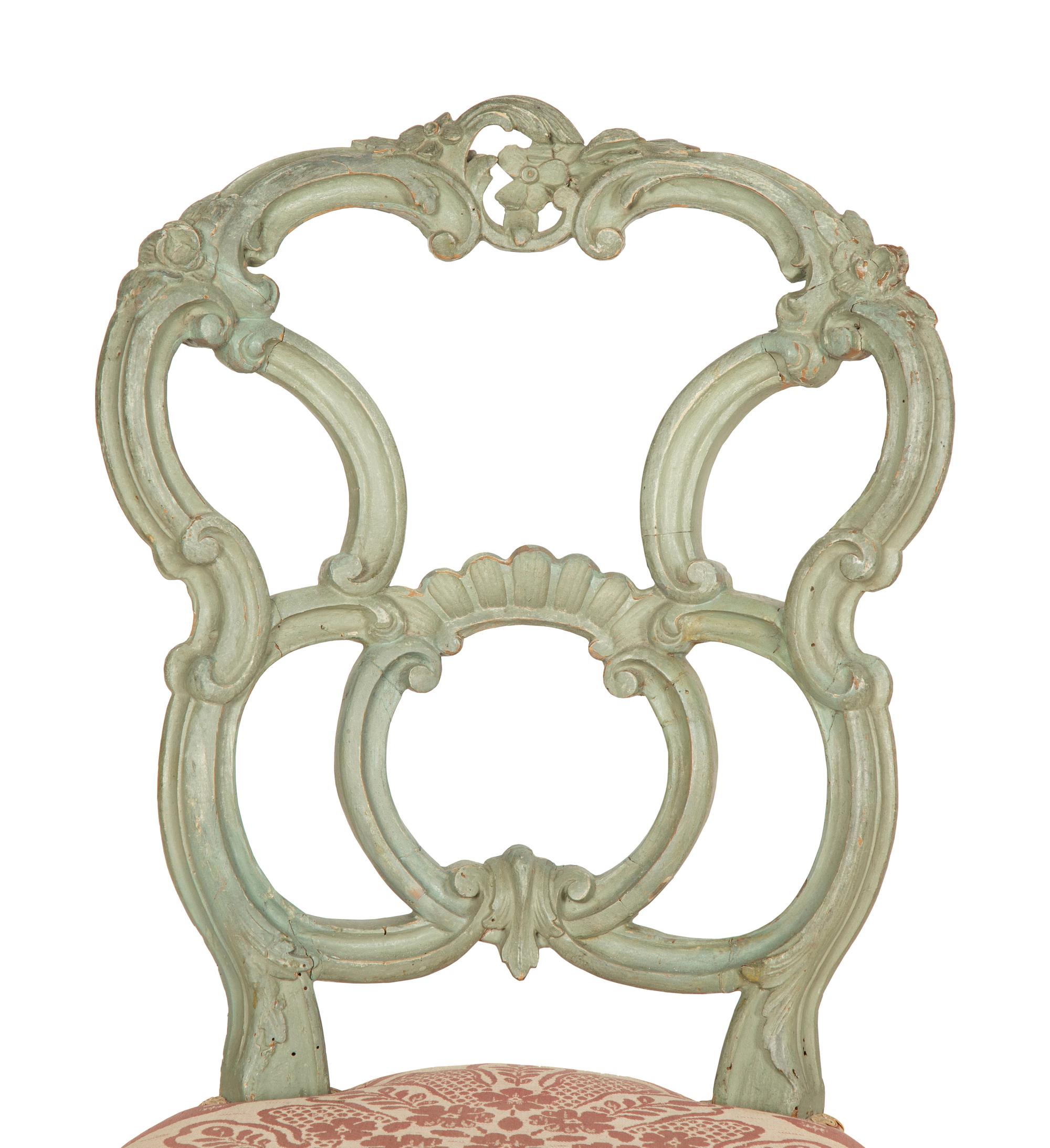 A Pair of Italian Rococo Style Green Painted Side Chairs — 19th Century