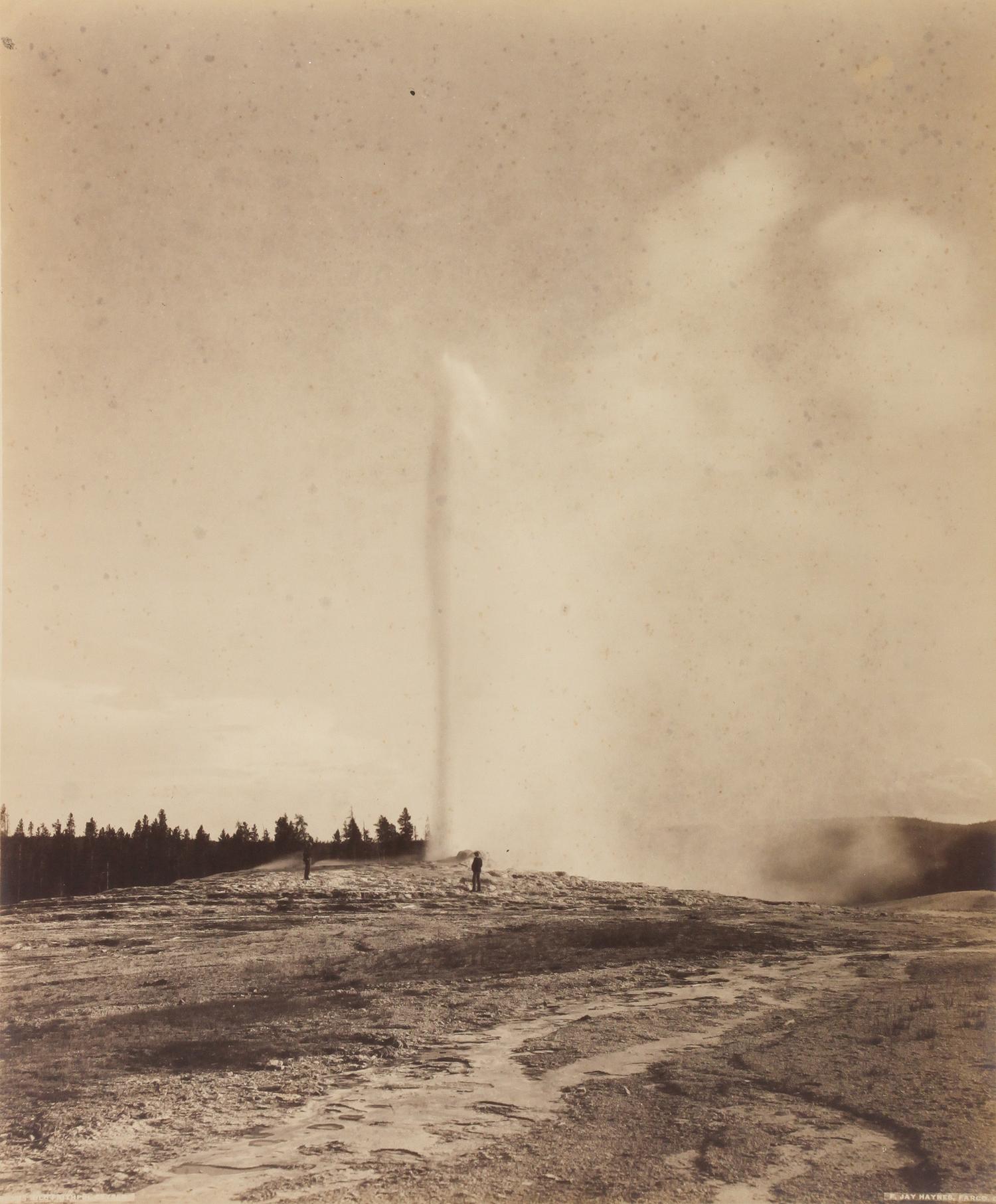 Frank Jay Haynes, (American, 1853-1921), Liberty Cap and Hotel, Yellowstone National Park Yellowstone Lake, Mount Sheridan, Yellowstone