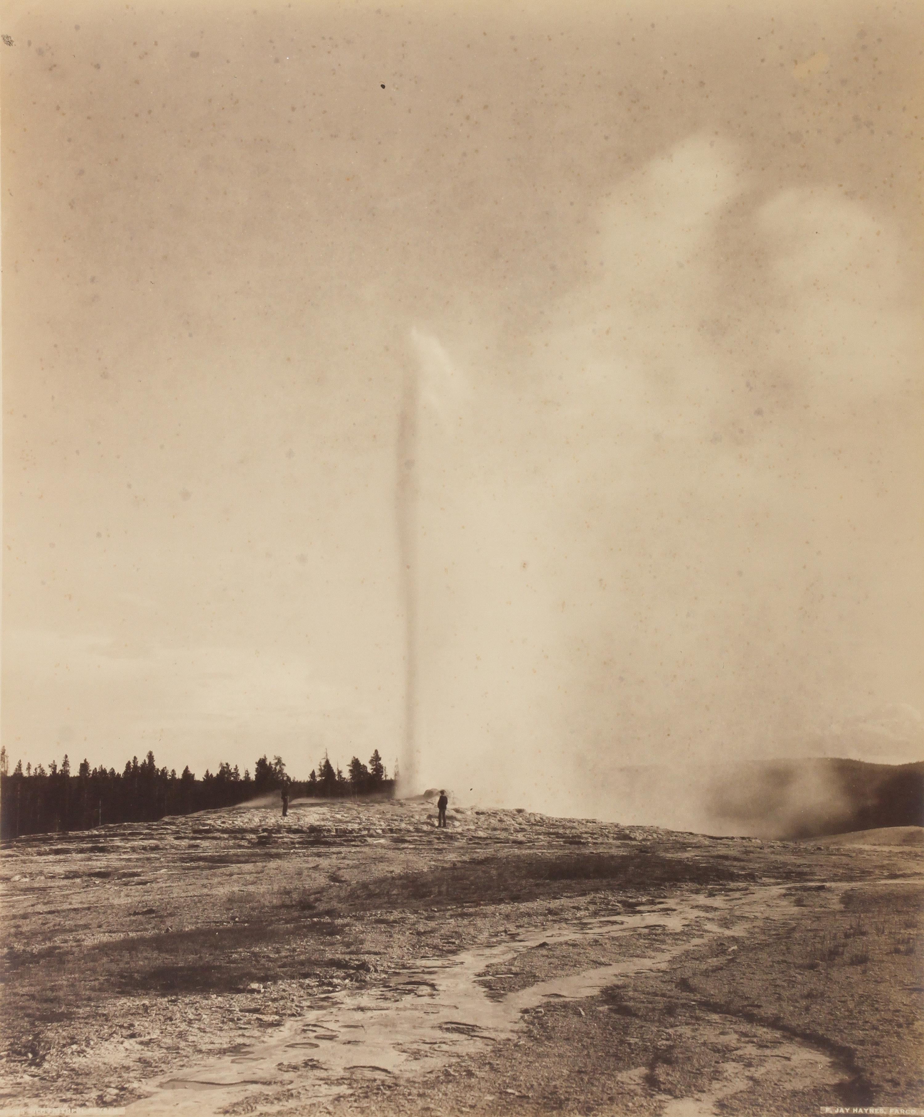 Frank Jay Haynes, (American, 1853-1921), Liberty Cap and Hotel, Yellowstone National Park Yellowstone Lake, Mount Sheridan, Yellowstone