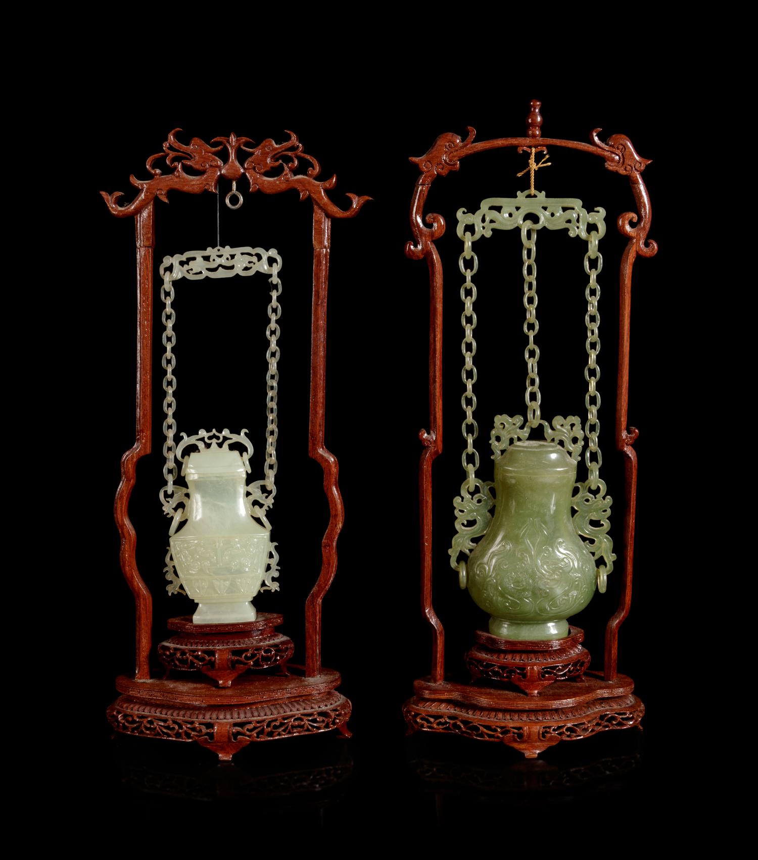 Two Chinese Serpentine Covered Hanging Vases